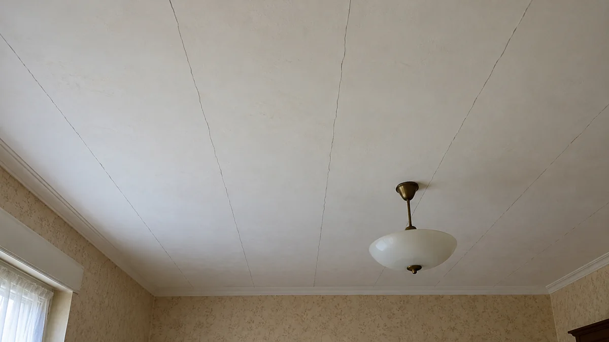 Plafond blanc d'un séjour de pavillon des années 1970, photographié en contre-plongée : de longues fissures fines et droites le traversent d'un mur à l'autre, parallèles et régulièrement espacées