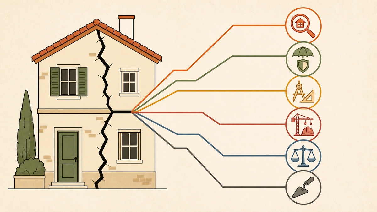 Illustration graphique en aiguillage : une fissure de façade au centre, des lignes colorées la reliant aux six interlocuteurs possibles (expert, assureur, bureau d'études, constructeur, avocat, maçon)