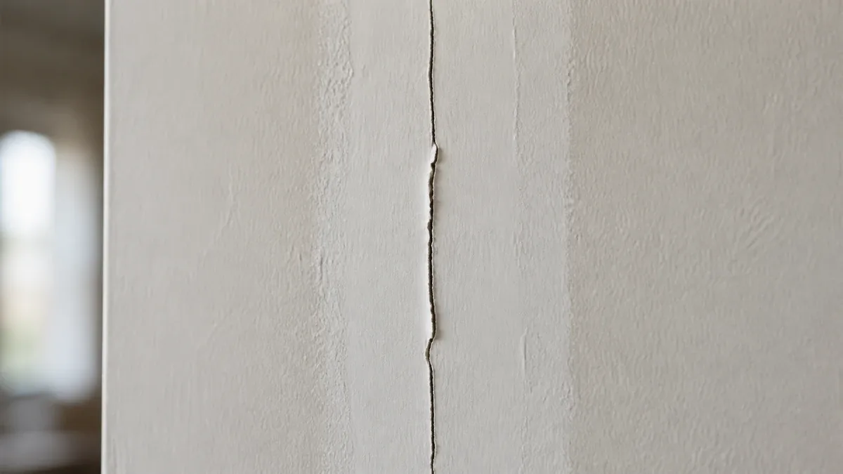 Fissure rouverte en plein milieu d'un rebouchage récent : la bande d'enduit blanc et la peinture fraîche sont refendues par la fissure qui a repris
