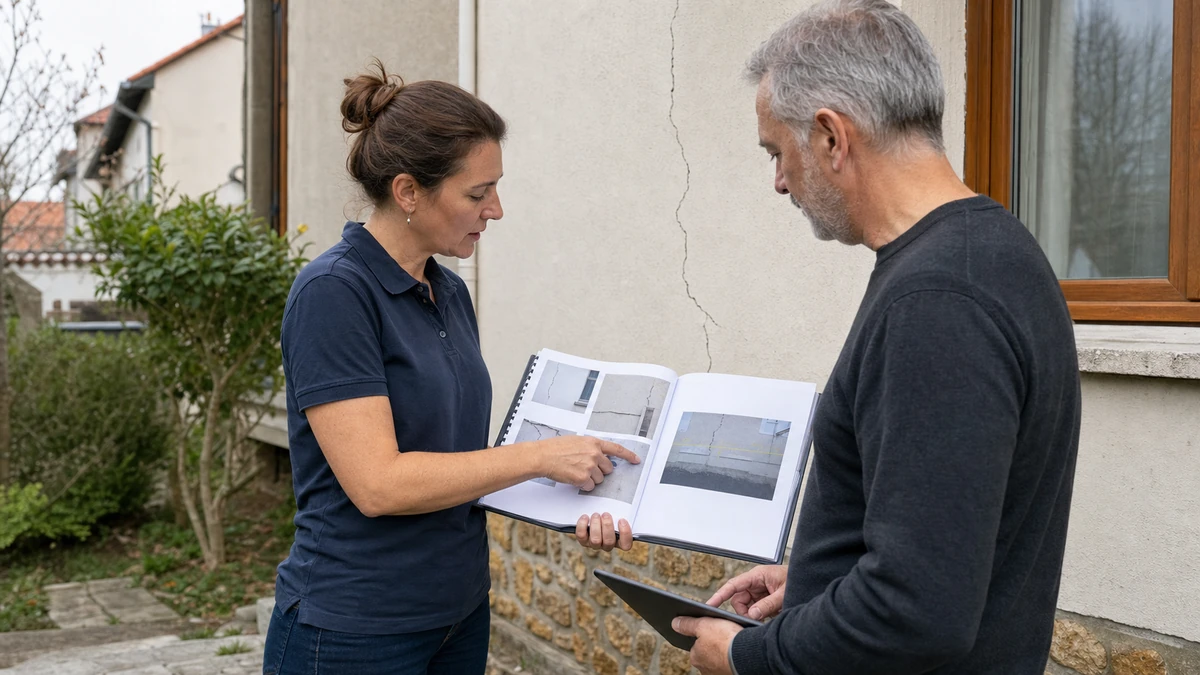 Experte en bâtiment montrant un rapport d'expertise détaillé à un propriétaire devant la façade fissurée de sa maison