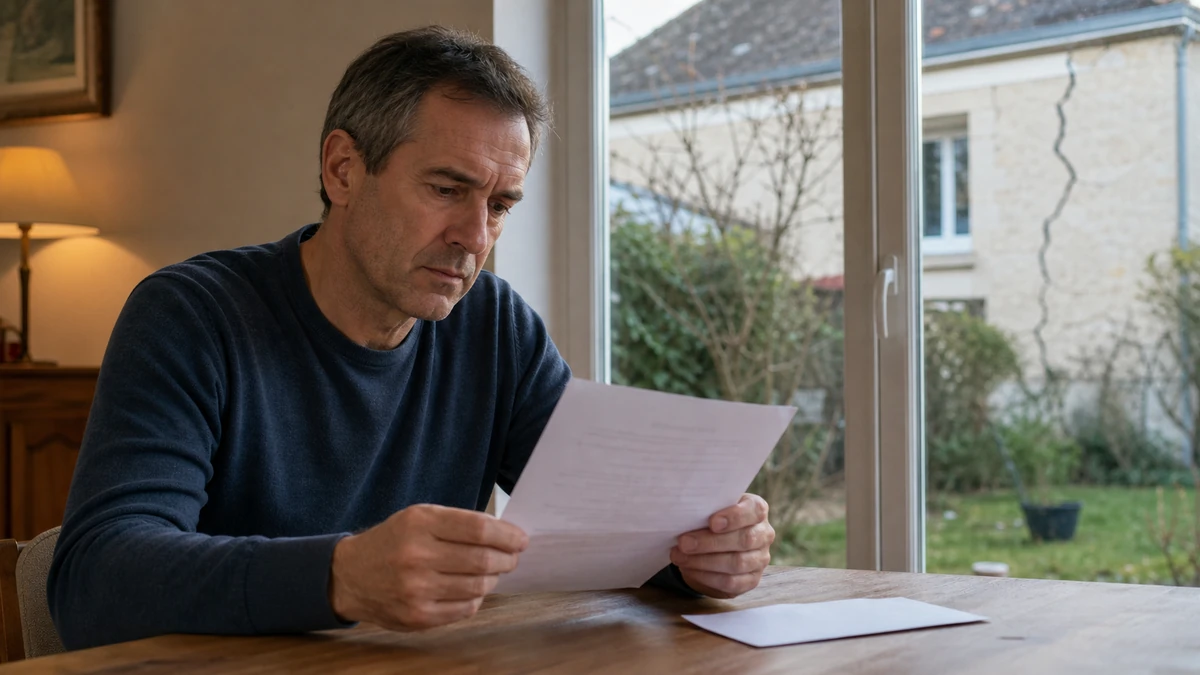 Propriétaire assis à sa table lisant un courrier d'assurance, fissure de façade visible par la fenêtre en arrière-plan