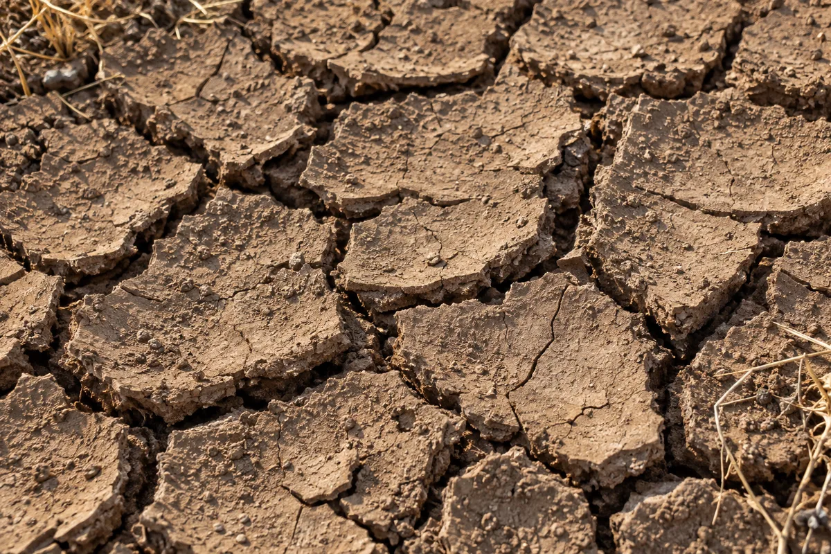 Sol argileux fissuré en surface par la sécheresse, motif de craquelures caractéristique au pied d'un mur de fondation