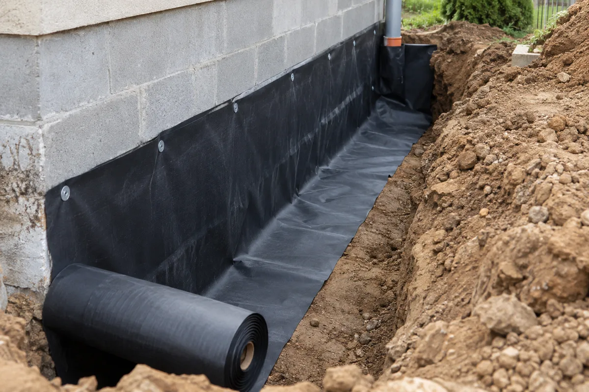Tranchée périphérique ouverte au pied d'une maison avec une géomembrane noire en cours de pose contre la paroi de fondation