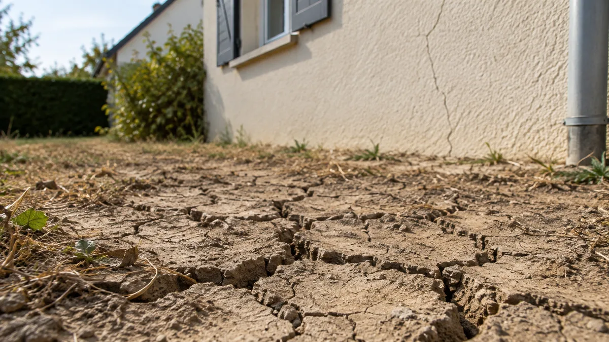 Sol argileux craquelé par la sécheresse au pied d'une façade de pavillon francilien, fissures de retrait en surface, aucune personne dans le cadre
