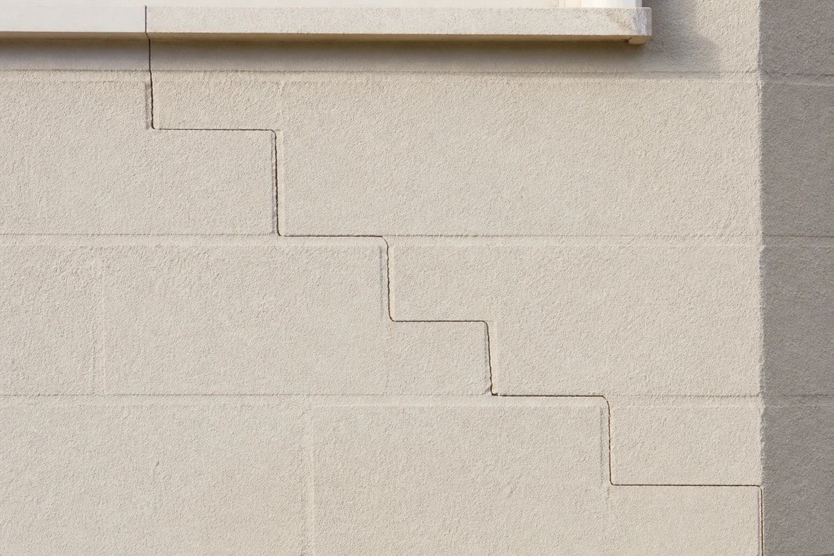 Fissure fine suivant les joints de parpaing en escalier sur un angle de façade sous un linteau, avec léger décalage des lèvres, cas typique de fissure structurelle