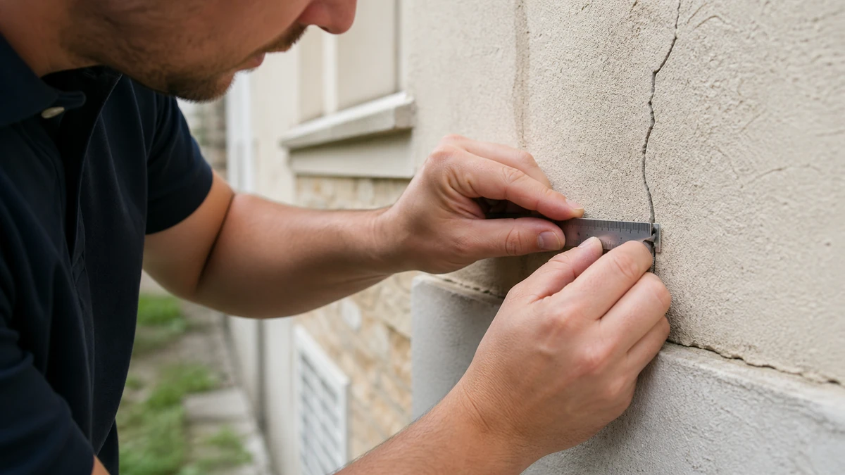 Expert en bâtiment penché de près sur une fissure de façade, réglet gradué posé contre le tracé pour en évaluer précisément l'ouverture et la traversée