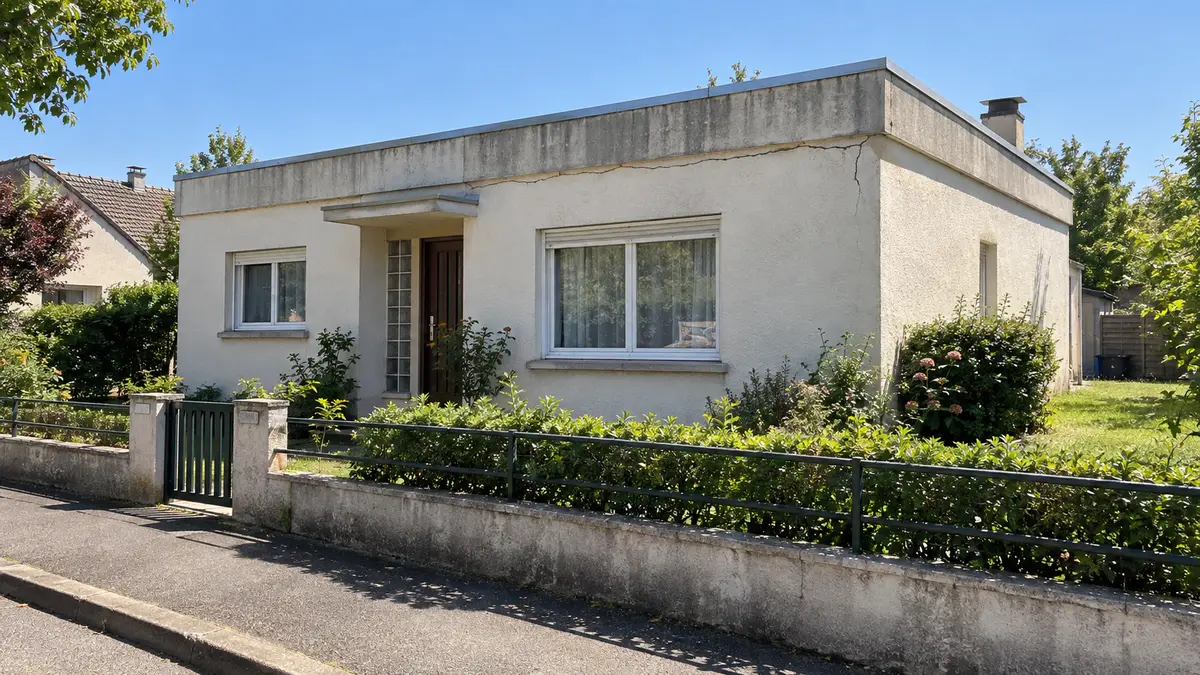 Pavillon à toit-terrasse des années 1970 en banlieue parisienne, acrotère en béton au-dessus d'un mur enduit clair, fissure horizontale qui court sous la dalle de toiture le long de la façade, ciel d'été dégagé, aucune personne
