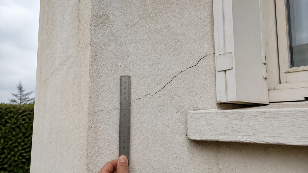 Le même angle de mur avec une fissure nette mesurée au réglet, après le chantier voisin