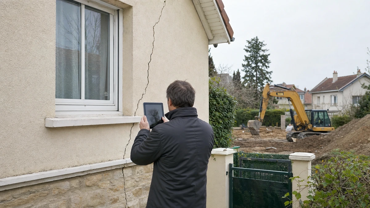 Un expert bâtiment photographie une fissure de façade avec une tablette, chantier de terrassement visible en arrière-plan chez le voisin.