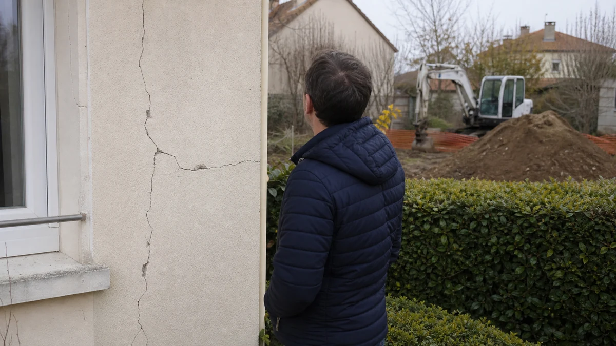 Un propriétaire observe une fissure de façade sur sa maison, avec un chantier de terrassement visible chez le voisin en arrière-plan