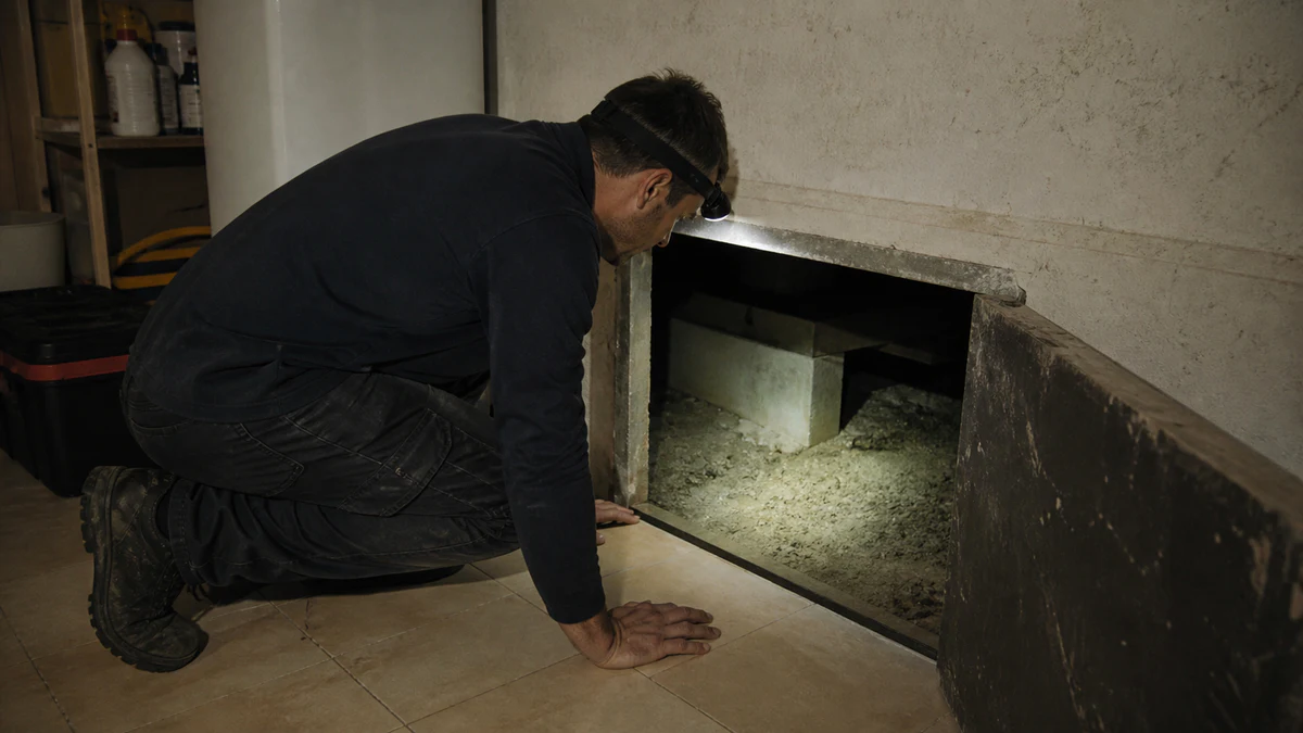 Expert en bâtiment accédant à un vide sanitaire par une trappe, lampe frontale allumée, avant l'inspection des murets et du solivage