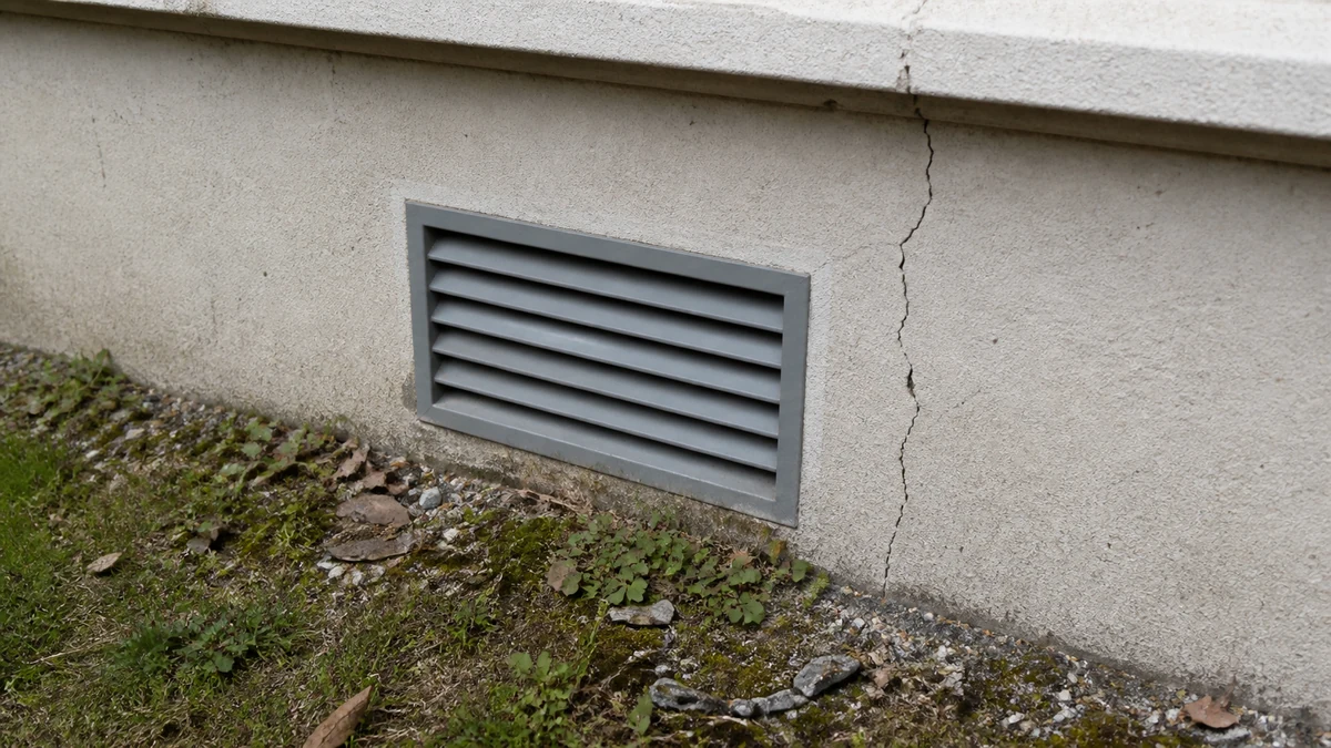 Grille de ventilation basse d'un vide sanitaire encastrée dans un mur de soubassement en pavillon francilien, légère fissure verticale visible dans l'enduit à proximité, aucune personne dans le cadre
