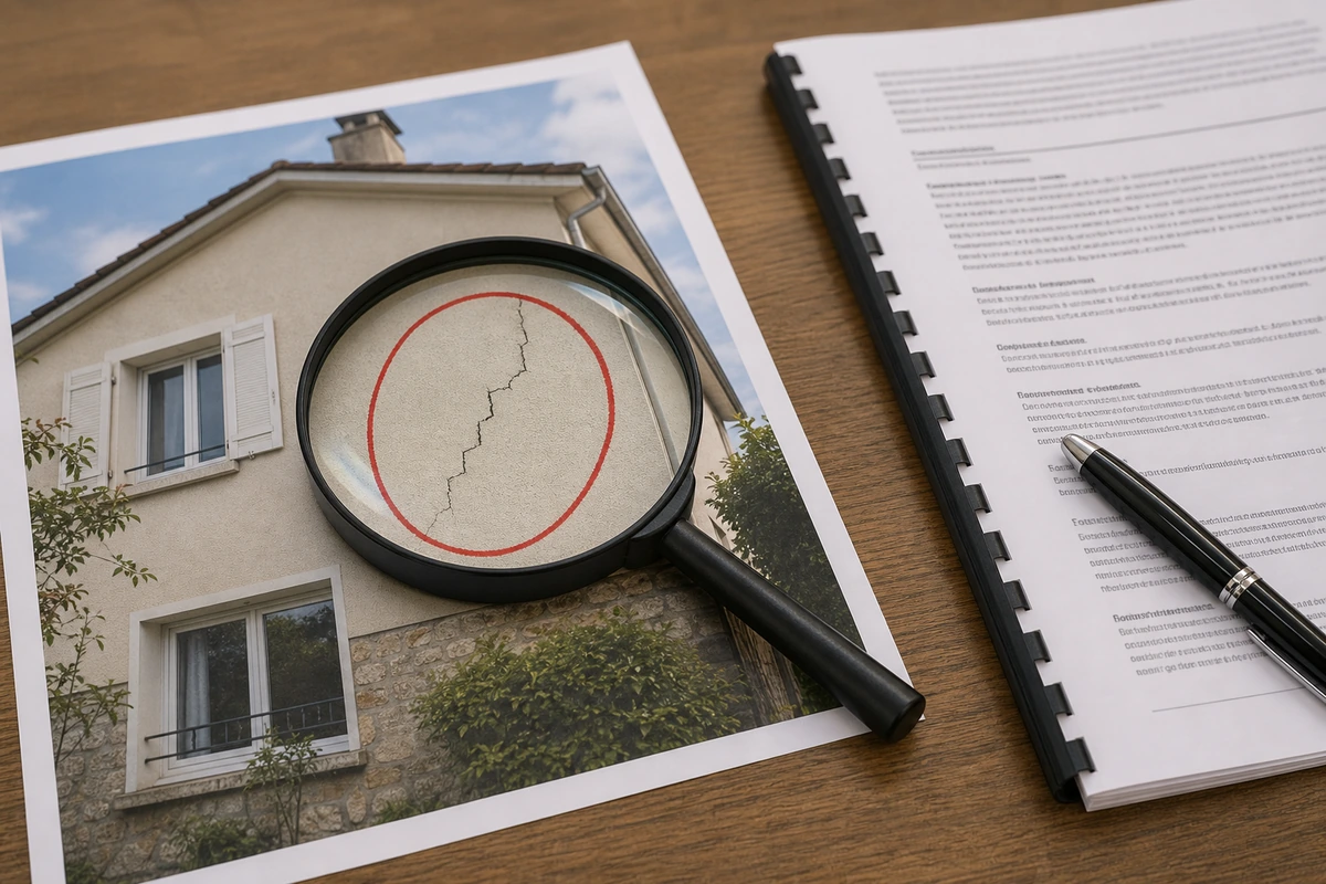 Loupe posée sur la photo imprimée d'une annonce immobilière, avec une fissure de façade entourée au marqueur rouge, à côté d'un compromis de vente