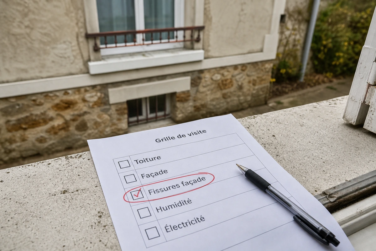 Grille de visite immobilière avec la case fissure de façade cochée en zone d'alerte, posée sur l'appui de fenêtre d'une maison en cours de visite