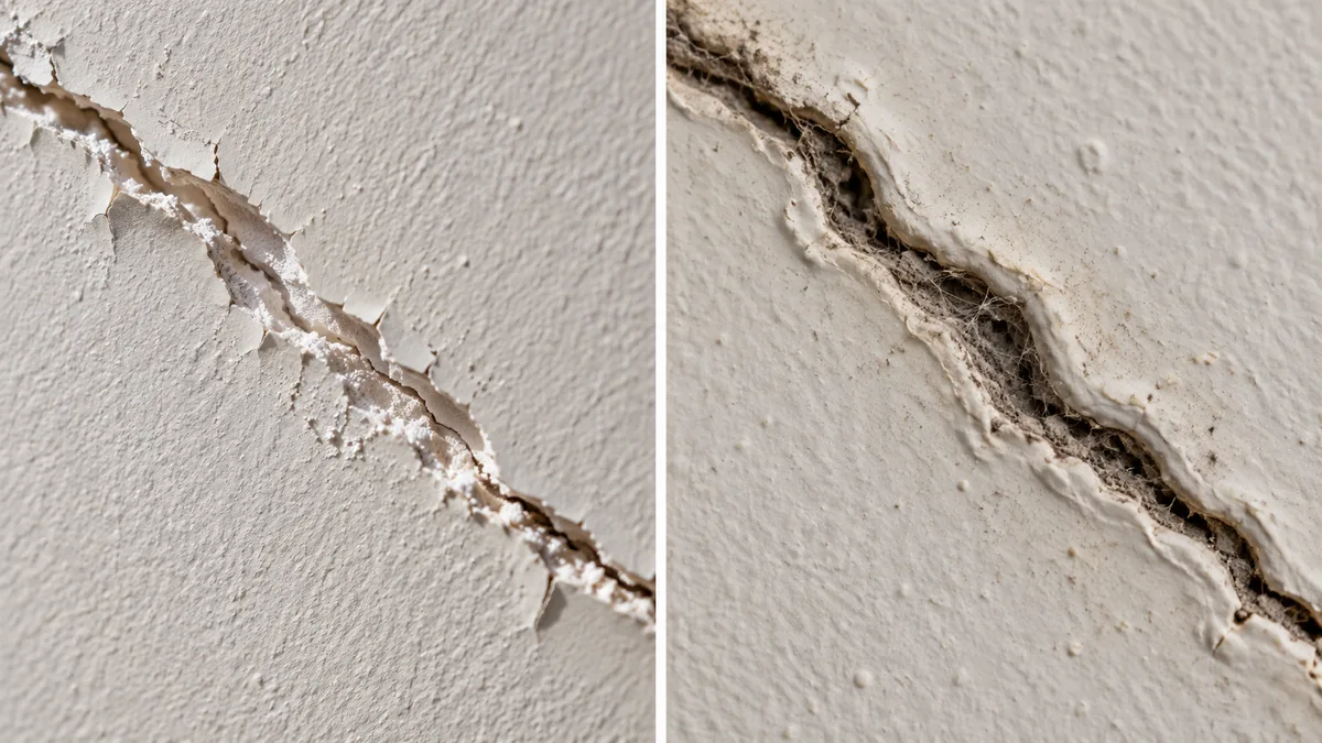 Deux gros plans de fissures dans un enduit, côte à côte : à gauche, une fissure récente aux arêtes vives, à l'intérieur clair, avec de la poussière blanche au pied du mur ; à droite, une fissure ancienne aux bords émoussés, à l'intérieur gris encrassé, avec une trace de peinture sur ses lèvres.