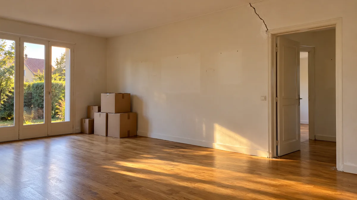 Séjour vide avant la vente, cartons empilés et fissure récente au-dessus d'une porte intérieure