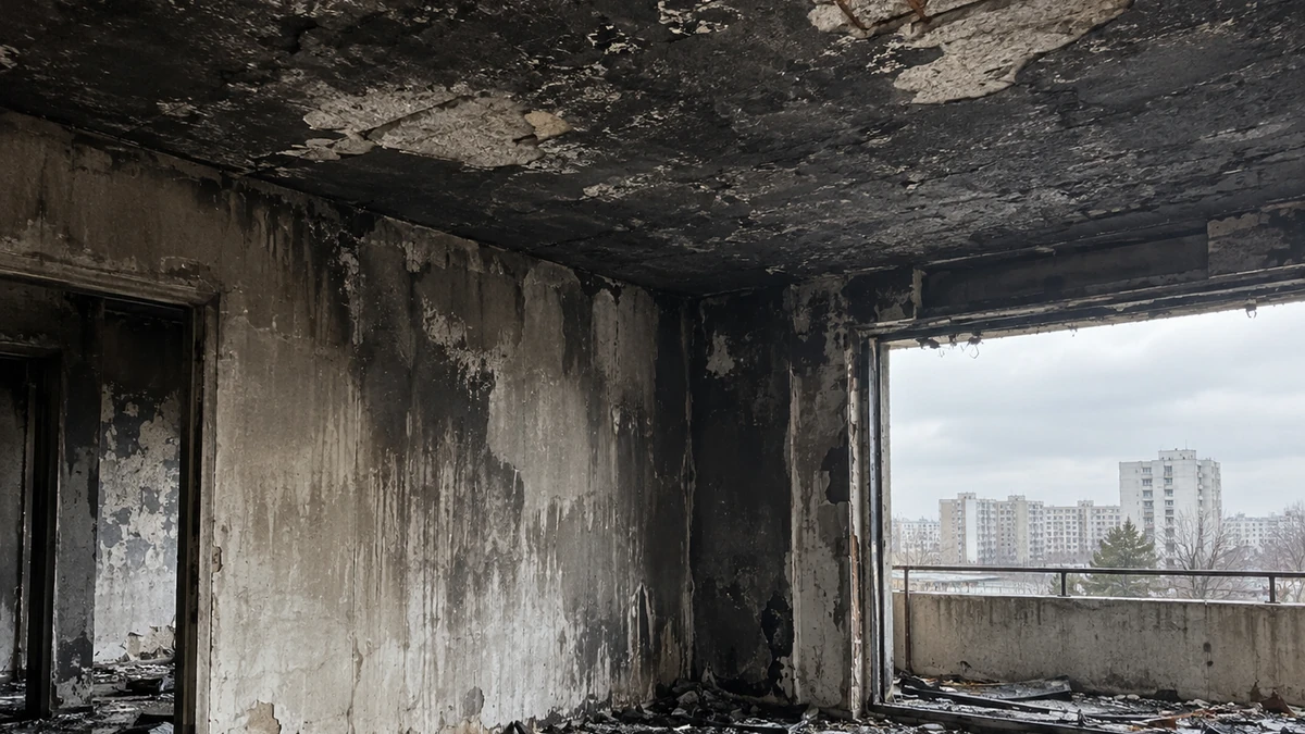 Pièce d'un immeuble après incendie éteint, plafond béton noirci et sous-face écaillée, murs marqués par les suies, lumière grise entrant par une baie sans vitrage, aucune personne dans le cadre