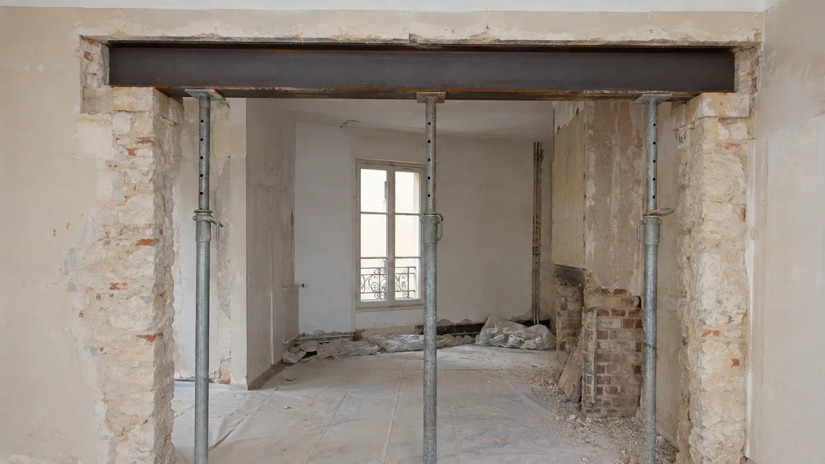 Ouverture de mur porteur encore étayée, poutre de reprise apparente sur ses appuis avant coffrage, aucune personne dans le cadre
