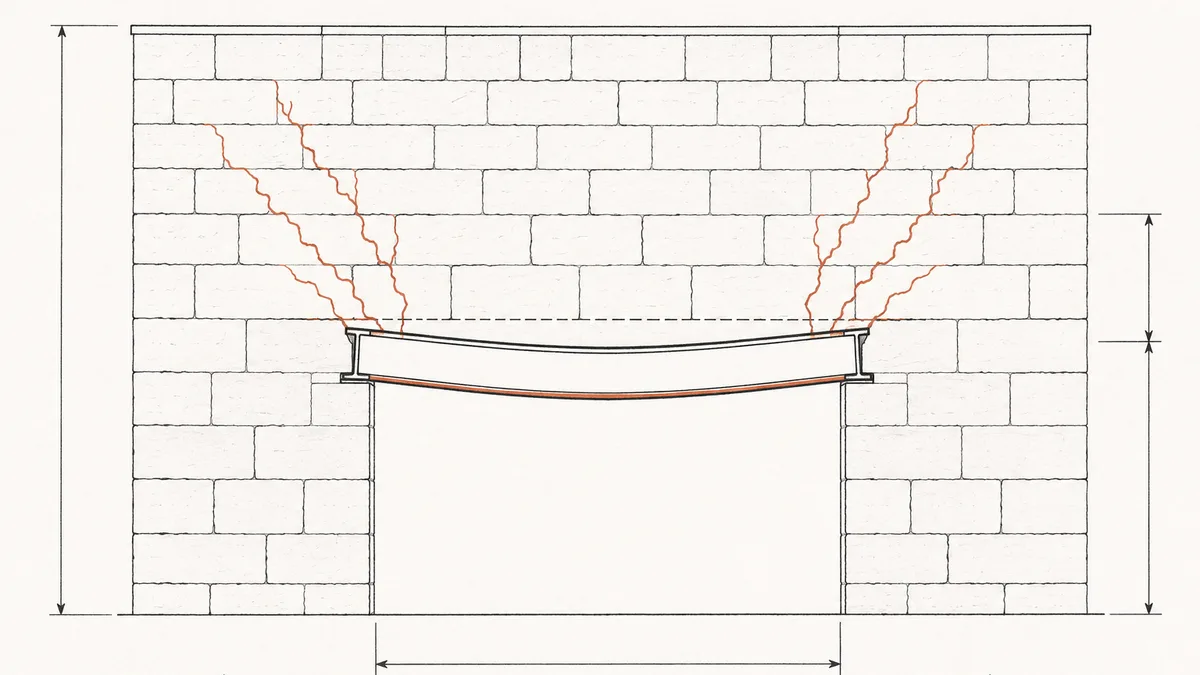 Dessin technique au trait d'une poutre déformée au-dessus d'une ouverture, avec l'éventail de fissures qui remonte dans la maçonnerie