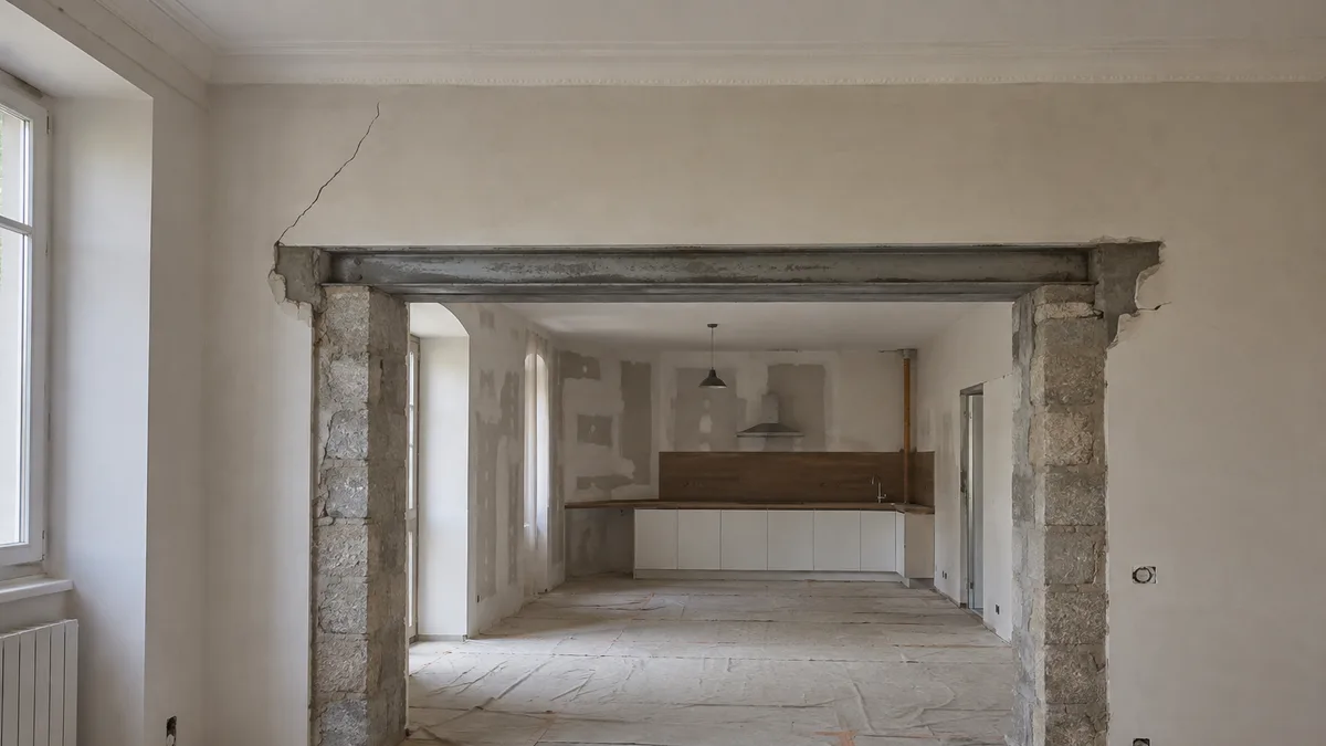 Ouverture large créée dans un mur porteur avec une fissure diagonale partant de l'angle supérieur, aucune personne dans le cadre