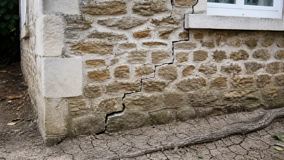 Gros plan sur l'angle d'une façade de pavillon en meulière avec une fissure en escalier suivant les joints de moellons du sol jusqu'au linteau, sol argileux craquelé au pied du mur et racine affleurante à proximité, aucune personne dans le cadre
