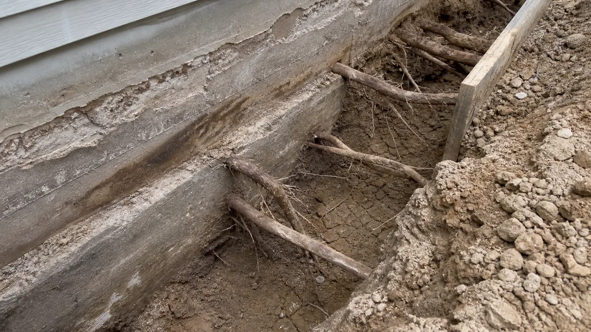 Tranchée ouverte le long d'une fondation de maison individuelle, semelle en béton apparente et grosses racines ligneuses courant au contact du béton dans un sol argileux sec et fissuré, aucune personne dans le cadre