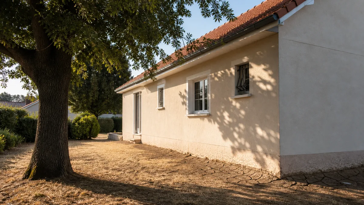 Grand chêne mature dont le houppier surplombe le pignon d'un pavillon de banlieue, tronc à quelques mètres de la façade, pelouse jaunie et sol argileux craquelé en fin d'été, aucune personne dans le cadre