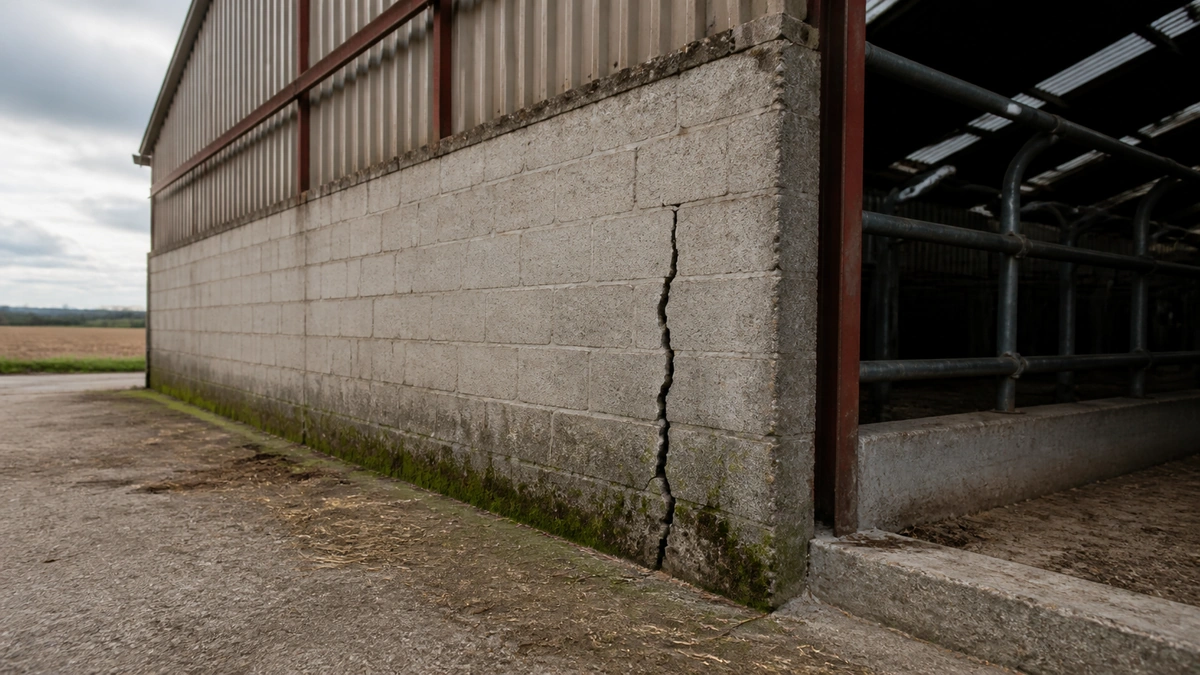 Fissure verticale sur un mur de hangar agricole en parpaing, ossature métallique visible, aucune personne dans le cadre