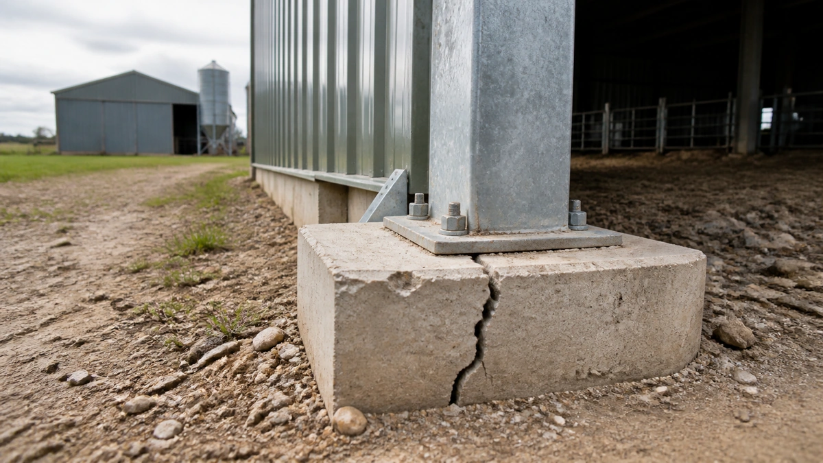 Hangar agricole en bardage métallique, poteau de structure avec une fissure visible au niveau du plot de fondation en béton, aucune personne dans le cadre