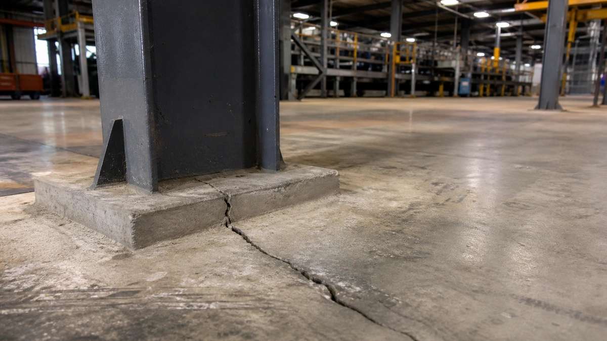Intérieur d'un atelier de production industriel, fissure visible au pied d'un poteau métallique près d'une fondation de machine, sol en béton, aucune personne dans le cadre