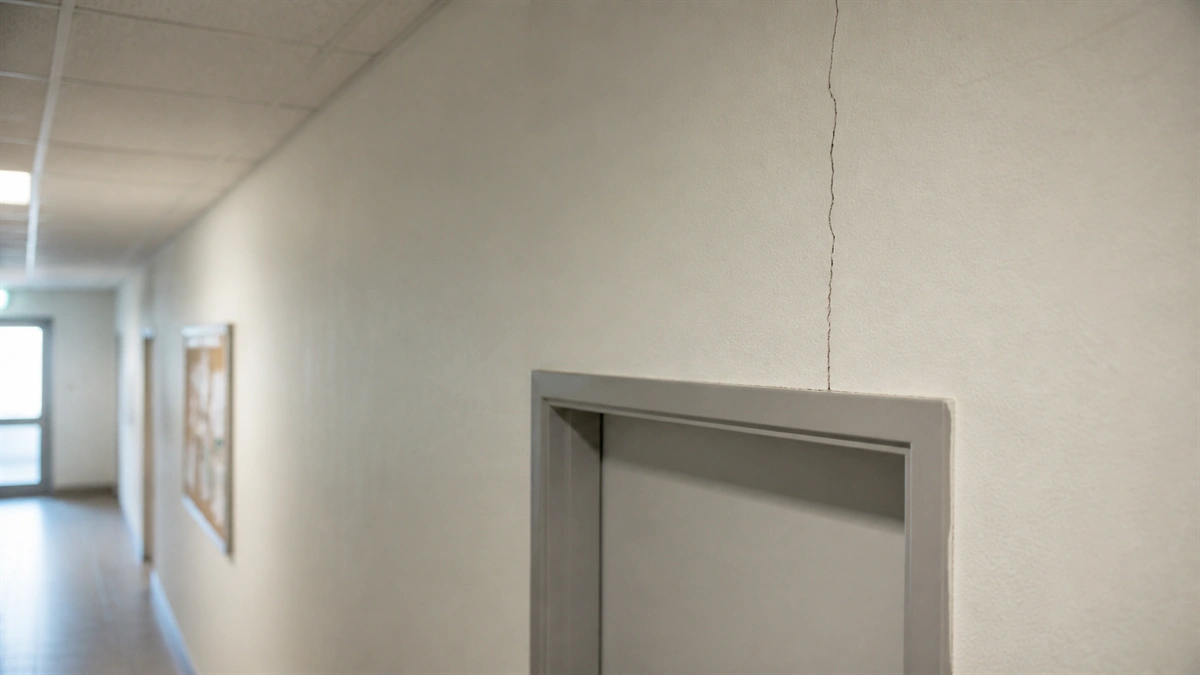 Couloir d'un bâtiment public de type mairie ou école, mur latéral carrelé avec une fissure verticale nette au-dessus d'un encadrement de porte, aucune personne dans le cadre