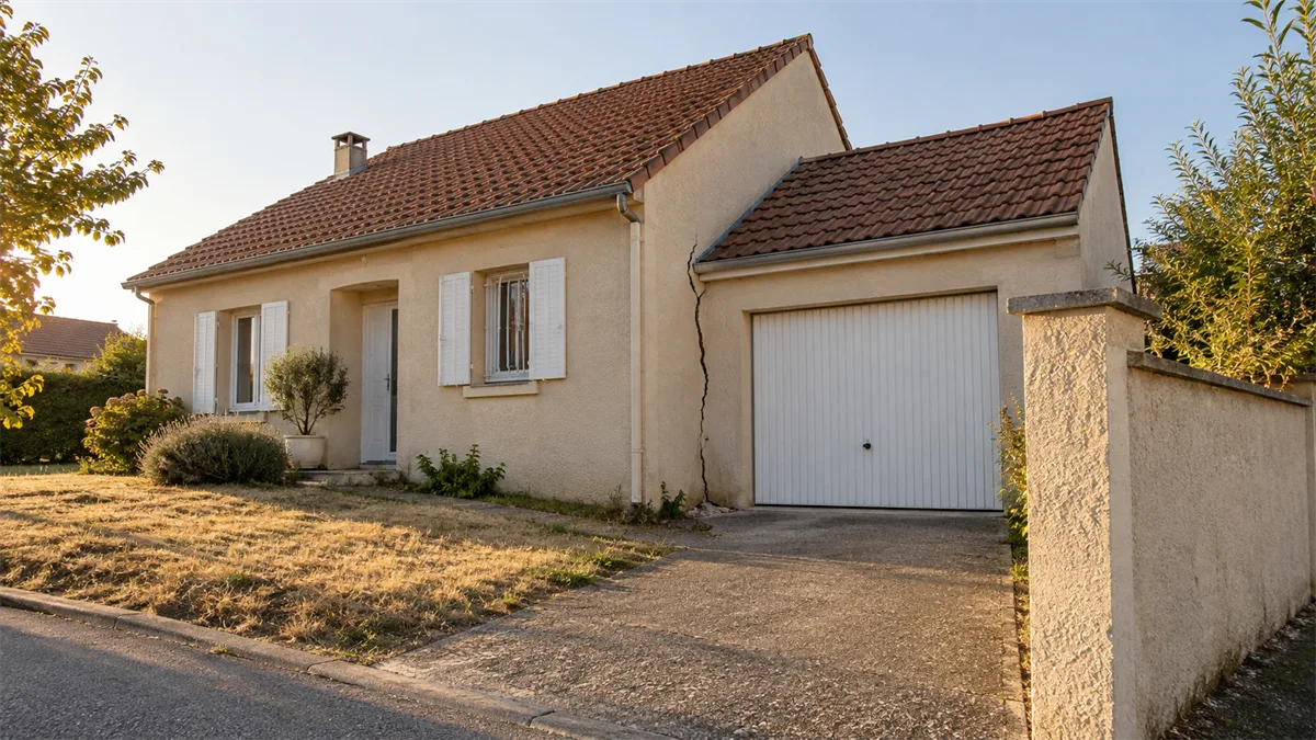 Garage accolé à une maison de banlieue francilienne, fissure ouverte à la jonction entre le garage et le mur de la maison, mur de clôture au premier plan, aucune personne dans le cadre