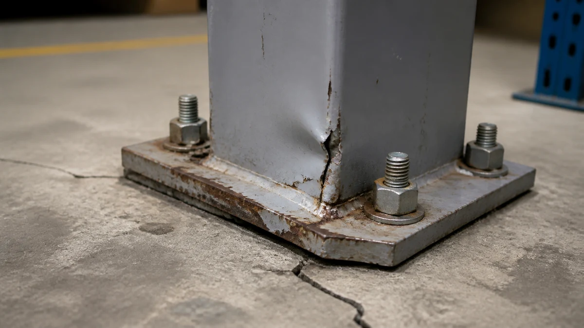 Gros plan sur la platine d'assise en pied d'un poteau métallique d'entrepôt logistique, avec une trace de corrosion étendue et une fissure fine dans le massif béton d'ancrage, aucune personne dans le cadre