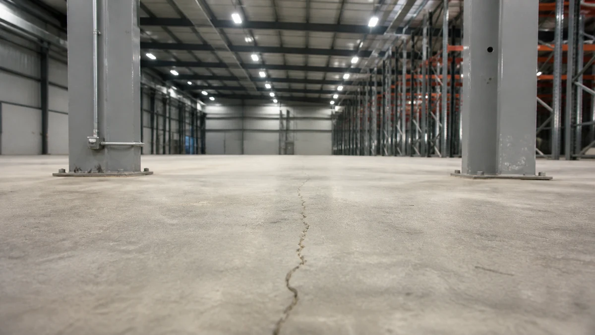 Intérieur d'un entrepôt logistique industriel, dallage en béton avec une fissure nette traversant une travée entre deux poteaux métalliques, structure de portique visible en arrière-plan, aucune personne dans le cadre