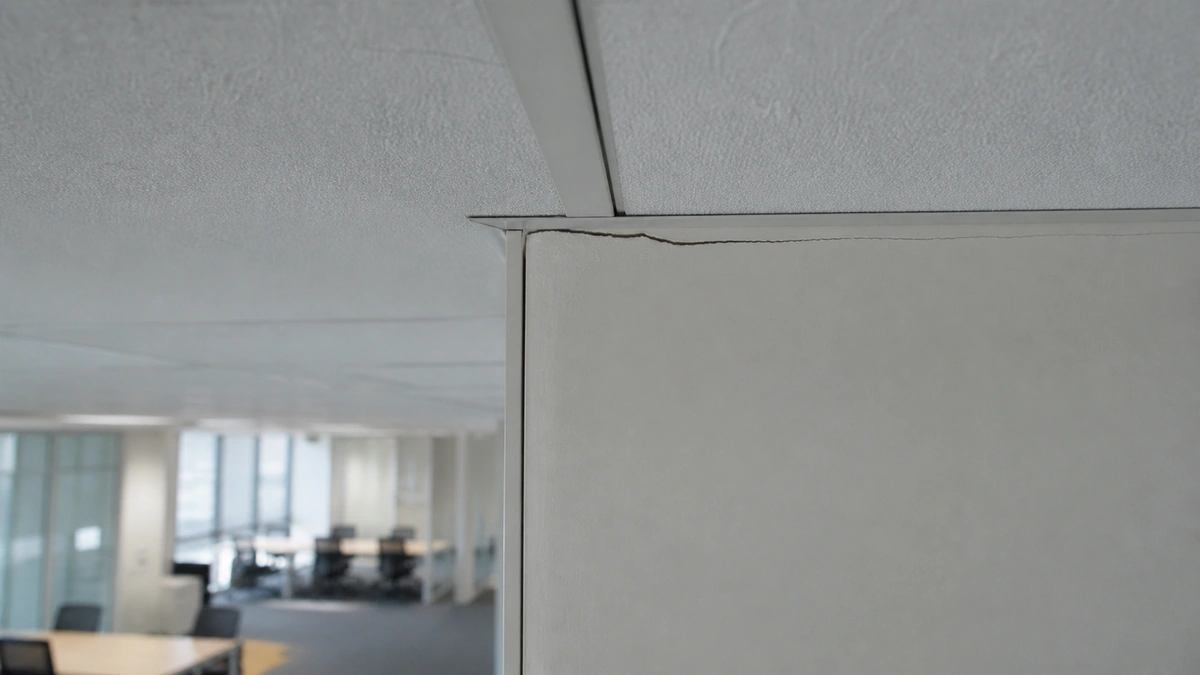 Fissure sur une cloison intérieure d'un plateau de bureaux vide, lumière naturelle, aucune personne dans le cadre