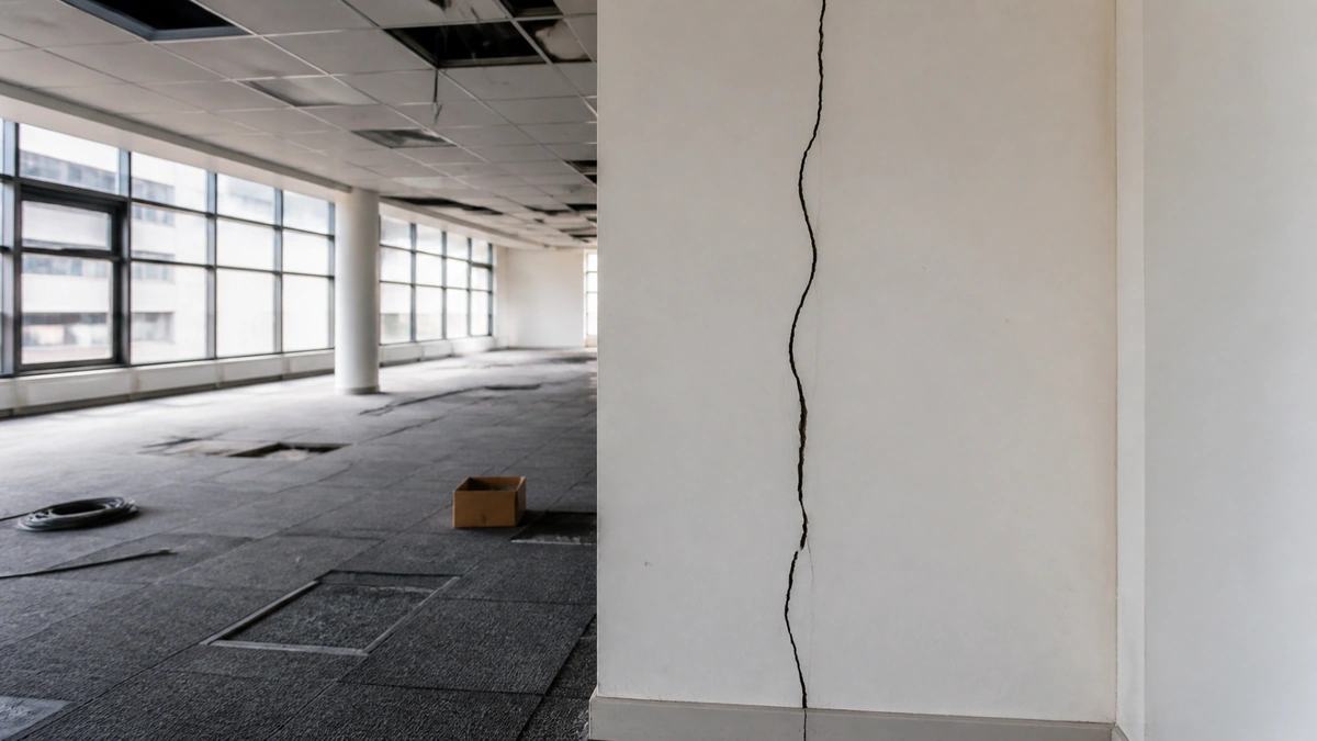 Plateau de bureaux vide en travaux d'aménagement, cloison intérieure avec une fissure verticale nette près d'un angle, lumière naturelle, aucune personne dans le cadre