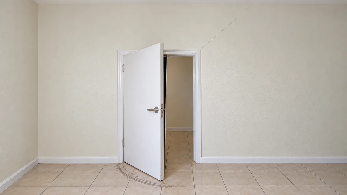 Même encadrement vu de plus loin : la porte ouverte laisse voir une trace de frottement sur le sol et un jour en biais entre le battant et l'huisserie
