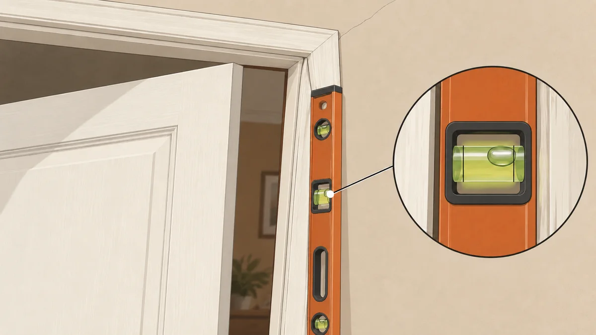 Illustration en aplats d'un niveau à bulle posé contre le montant d'une huisserie de porte, bulle décentrée, avec une fissure fine qui part de l'angle du linteau
