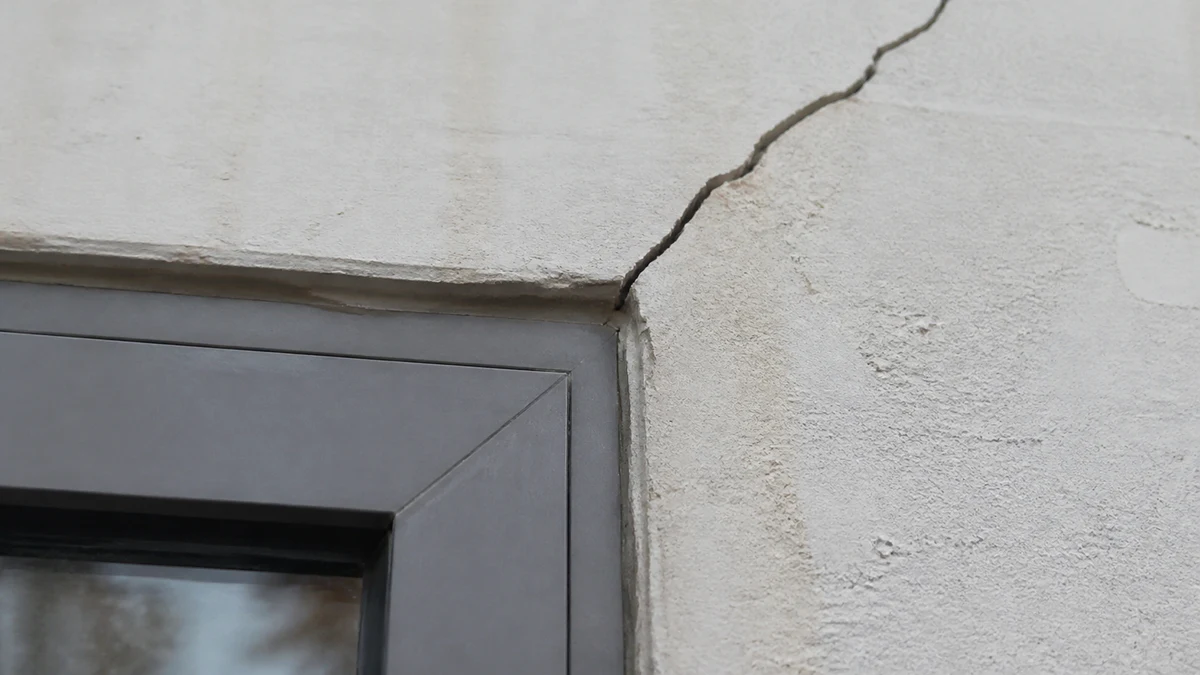 Gros plan sur l'angle supérieur d'une vitrine de local commercial en pied d'immeuble, avec une fissure diagonale nette partant de l'encadrement de la devanture vers le mur en façade, aucune personne dans le cadre