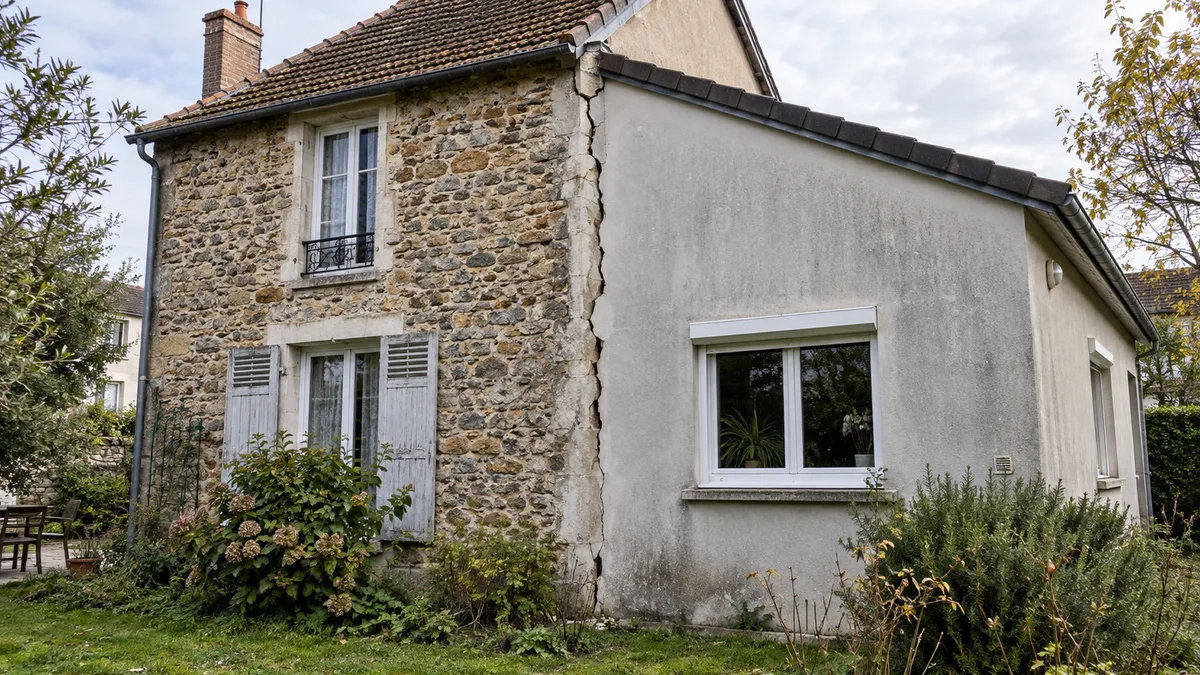 Maison individuelle ancienne prolongée par une extension en parpaing enduit, fissure verticale ouverte à la jonction des deux volumes sur toute la hauteur, aucune personne dans le cadre