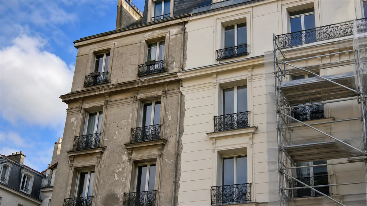 Façade d'un immeuble parisien en cours de ravalement, échafaudage partiel, moitié de la façade encore couverte d'un ancien enduit fissuré et écaillé, l'autre moitié fraîchement refaite