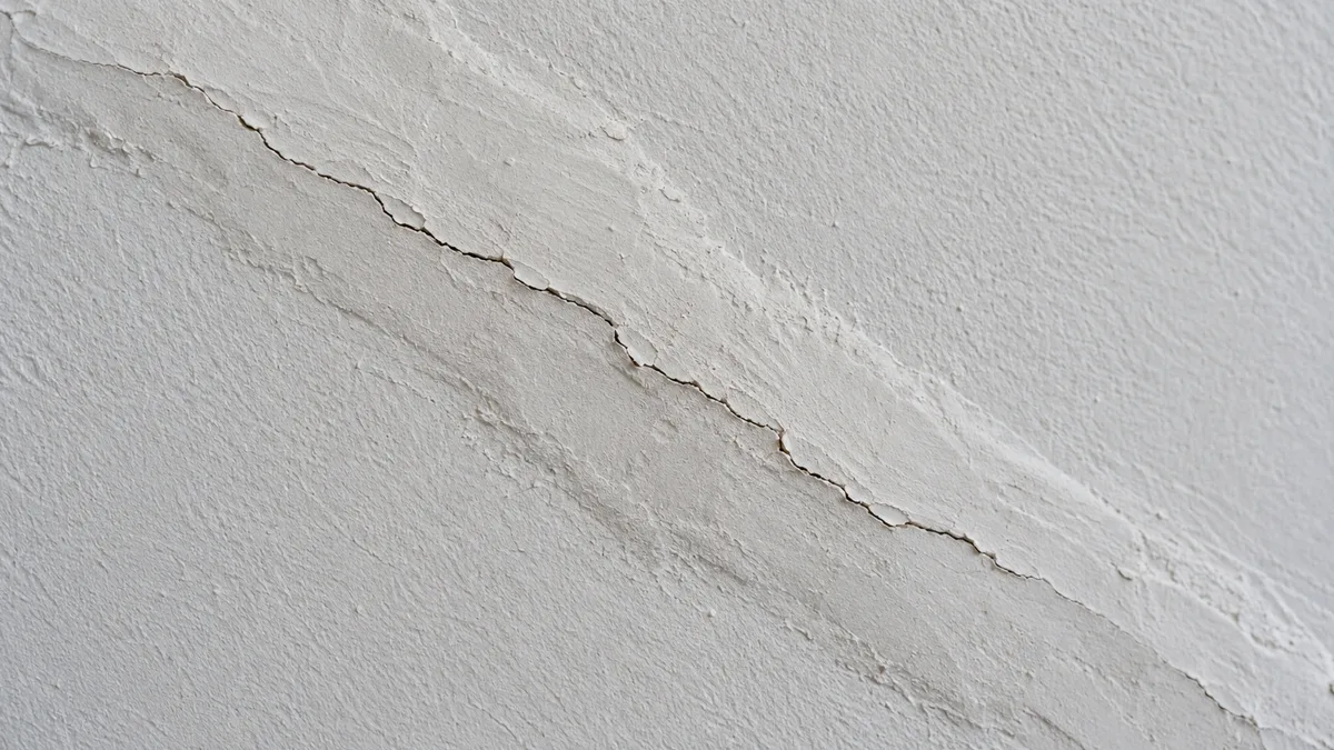 Photographie d'un mur intérieur fraîchement repeint en blanc où une fissure réapparaît en ligne fine et irrégulière sur le tracé d'un ancien rebouchage, légèrement en relief sous la peinture.