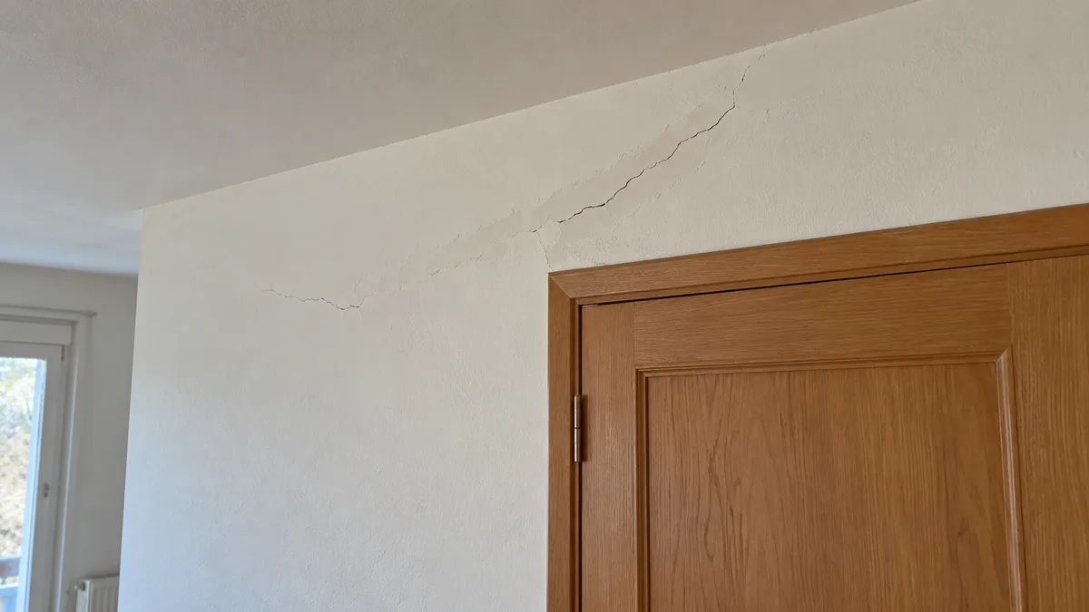 Mur intérieur repeint en blanc dans une maison ancienne, où une fissure rebouchée réapparaît en ligne fine au-dessus d'une porte