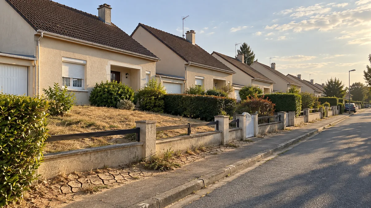 Rue de lotissement pavillonnaire francilien vue depuis le trottoir, maisons alignées aux façades enduites identiques et pelouses jaunies en fin d’été, aucune personne dans le cadre