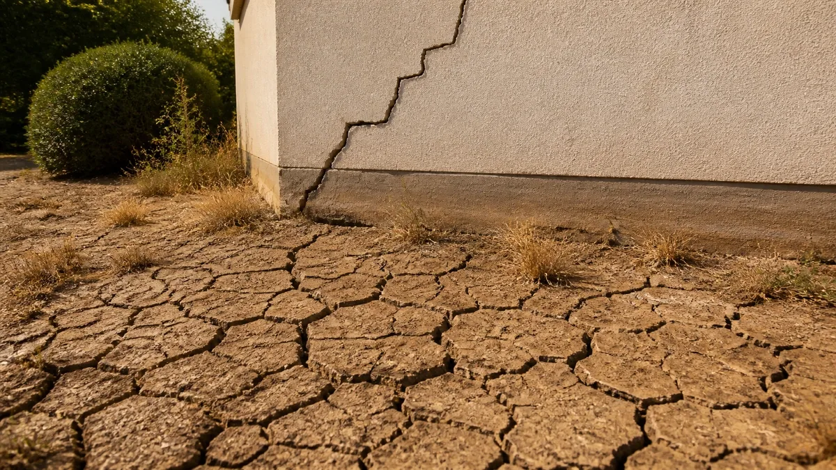 Sol argileux craquelé et desséché au pied de la façade fissurée d'une maison individuelle, illustrant le retrait des argiles pendant une sécheresse
