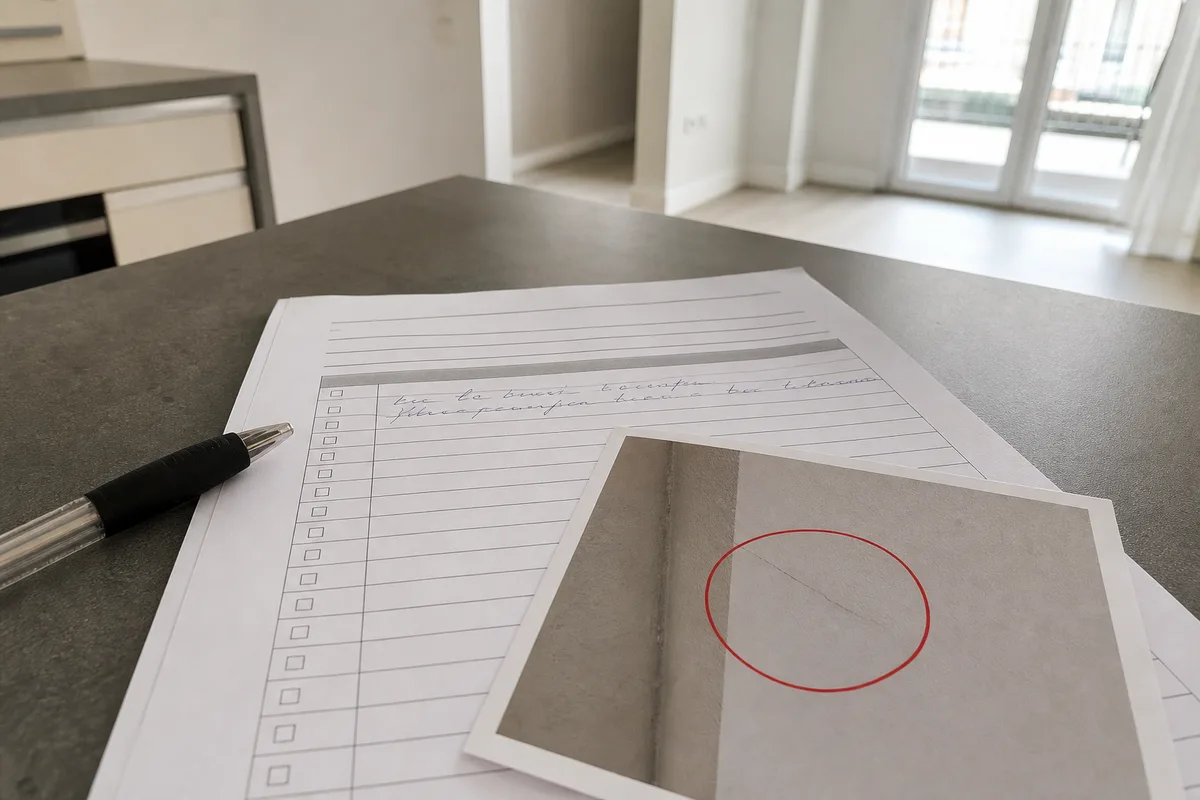 Gros plan sur un procès-verbal de livraison VEFA avec une réserve manuscrite et une fissure entourée au marqueur rouge, aucun visage visible