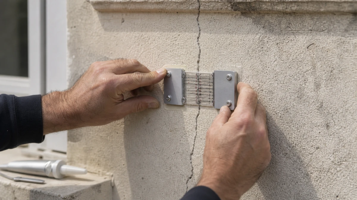 Un expert colle la plaque d'un fissuromètre de part et d'autre d'une fissure de façade