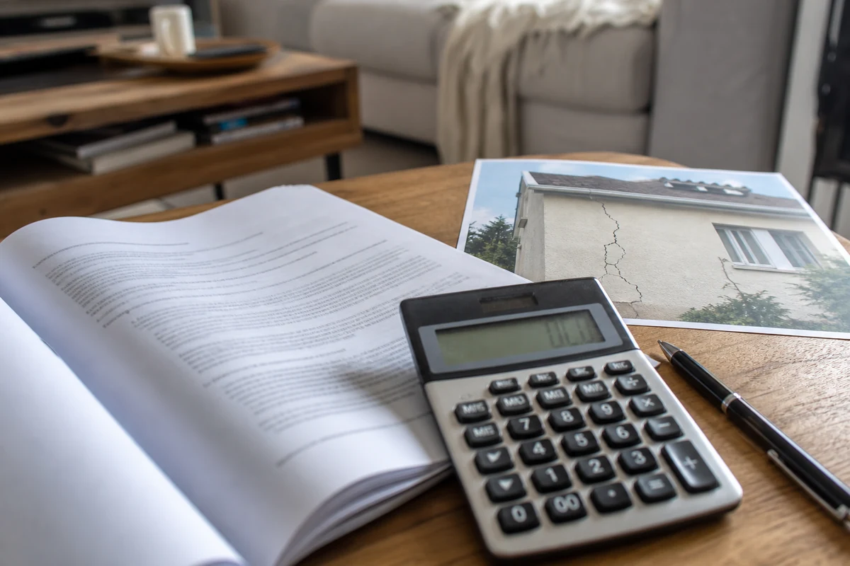 Contrat d'assurance habitation ouvert à la clause de franchise, avec une calculatrice posée à côté