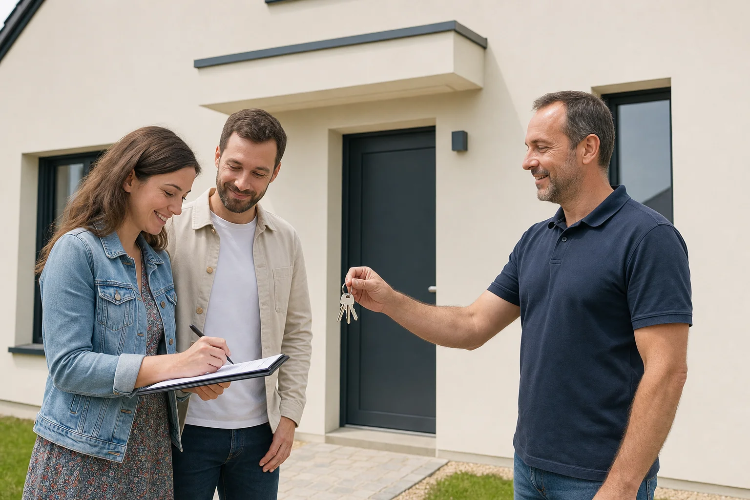 Remise des clés et signature du procès-verbal de réception devant une maison individuelle neuve