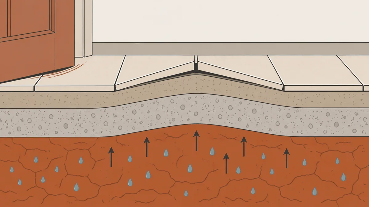 Illustration à plat en coupe d'un sol de séjour : des carreaux se soulèvent en forme de toit au-dessus d'un dallage bombé, sous lequel une couche d'argile gorgée d'eau est dessinée avec des gouttes et des flèches dirigées vers le haut ; une porte au premier plan touche le carrelage.